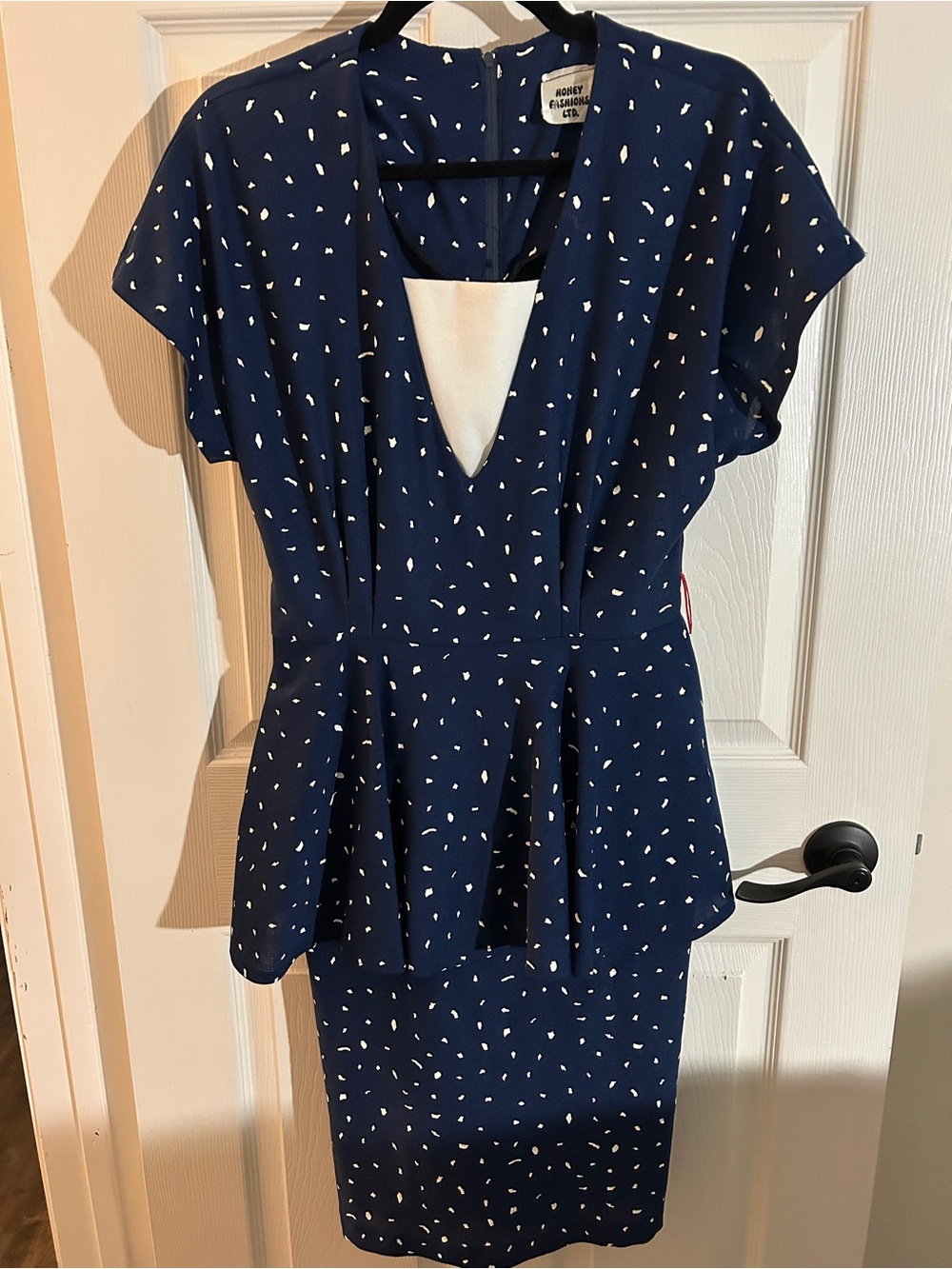 VINTAGE 1980s Boutique Navy Peplum Dress with White Dot Print